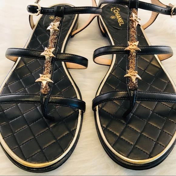 CHANEL Leather Sandals Gold Chain & CC Stars Black - Picture 5 of 8